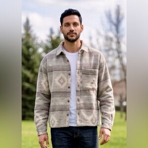 NWT Brooklyn Cloth Men's Neutral Aztec Button-Up Shacket in Brown & Tan M